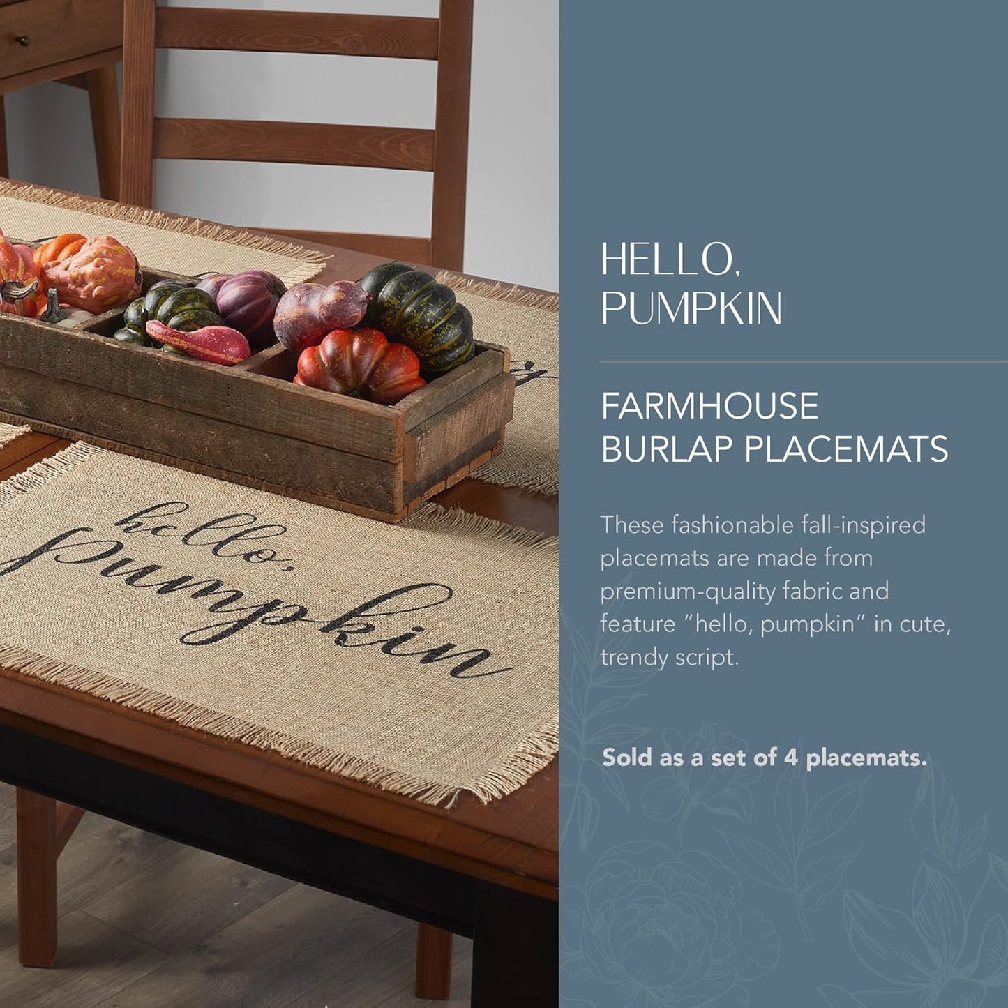 Elrene Home Fashions Hello Pumpkin Farmhouse Burlap Placemat Set, 13 Inches X 19 Inches, Set of 4