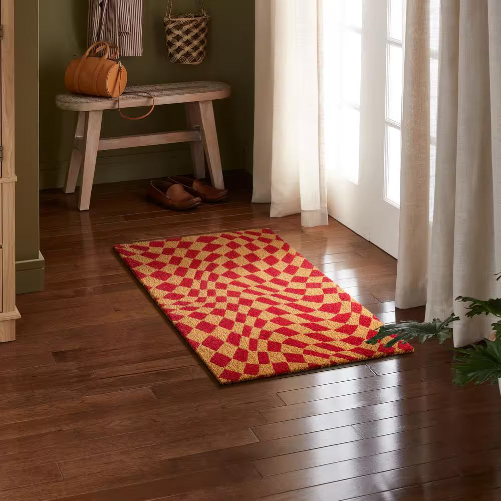 Checkerboard Emmett Red 18 In. X 30 In. Coir Groovy Outdoor Mat