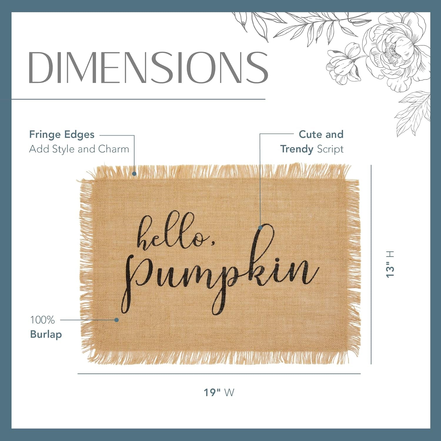 Elrene Home Fashions Hello Pumpkin Farmhouse Burlap Placemat Set, 13 Inches X 19 Inches, Set of 4