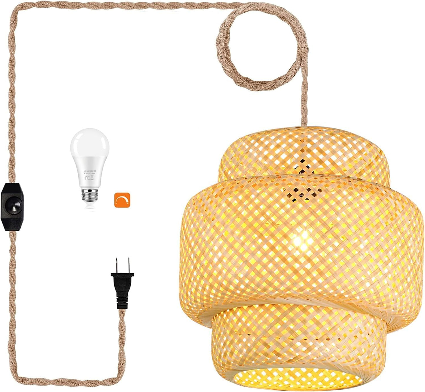Plug in Pendant Light Hanging Lights with Plug in Cord Boho Hanging Lamp Dimmable,Rattan Wicker Woven Bamboo Lamp Shade, Plug in Ceiling Light Fixture for Living Room Bedroom Kitchen