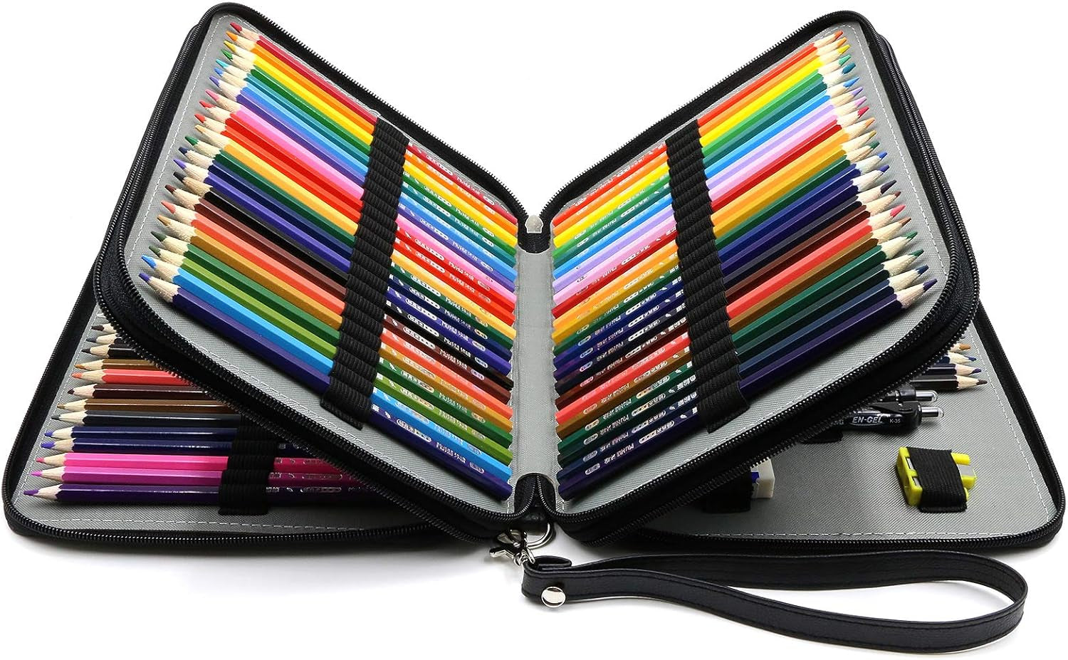 YOUSHARES 120 Slots Pencil Case - PU Leather Handy Multi-Layer Large Zipper Pen Bag with Handle Strap for Prismacolor Watercolor Pencils, Crayola Colored Pencils, Marco Pens and Makeup Brush (Black)
