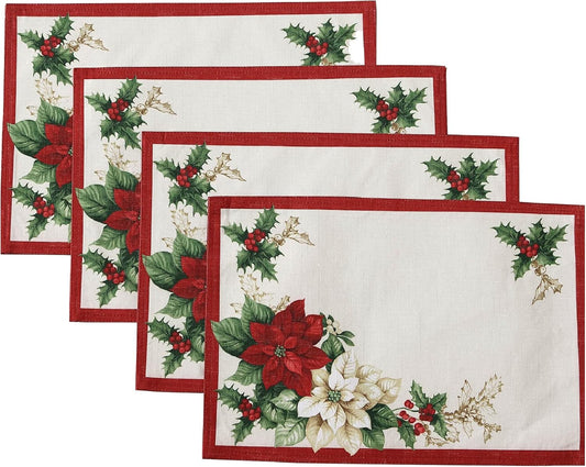 Elrene Home Fashions Red and White Poinsettia Holiday Fabric Placemats, Christmas Mats for Table Decor, 13 Inches X 19 Inches, Set of 4
