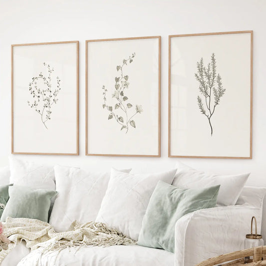 Vintage Dried Flower Wall Art. Set of 3 Rustic Botanical Prints