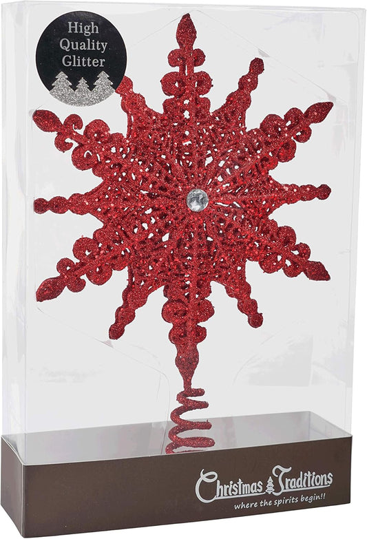 Christmas Traditions 8 Inch Red Glittered Filigree Christmas Star Tree Topper Star/Home Décor Ornaments (Red)