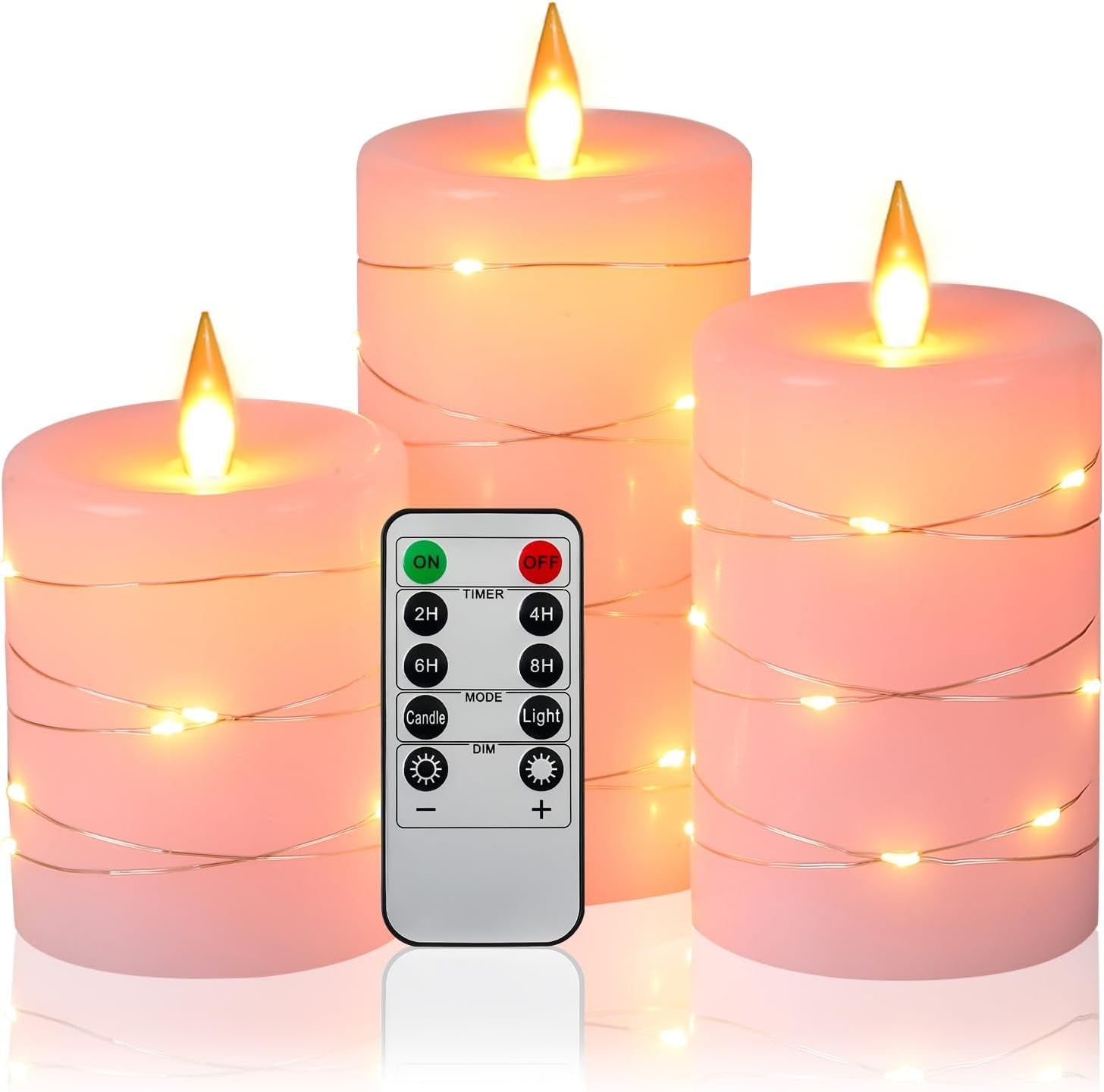Da by Flameless Candles with String Lights，Battery Operated Candles,Led Flickering Candles with Remote Control and Timer, Real Wax, 3 Pack-Ivory