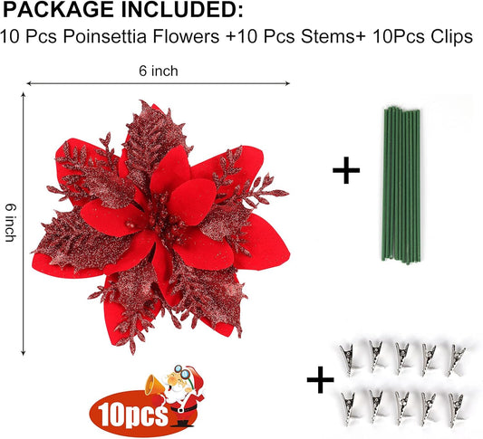 RECUTMS 10 Pcs Christmas Glitter Artificial Poinsettia Flowers 6 Inch Christmas Wreath Christmas Tree Flowers Ornaments Holiday Seasonal Decorations for Xmas New Year Wedding Party(Red)