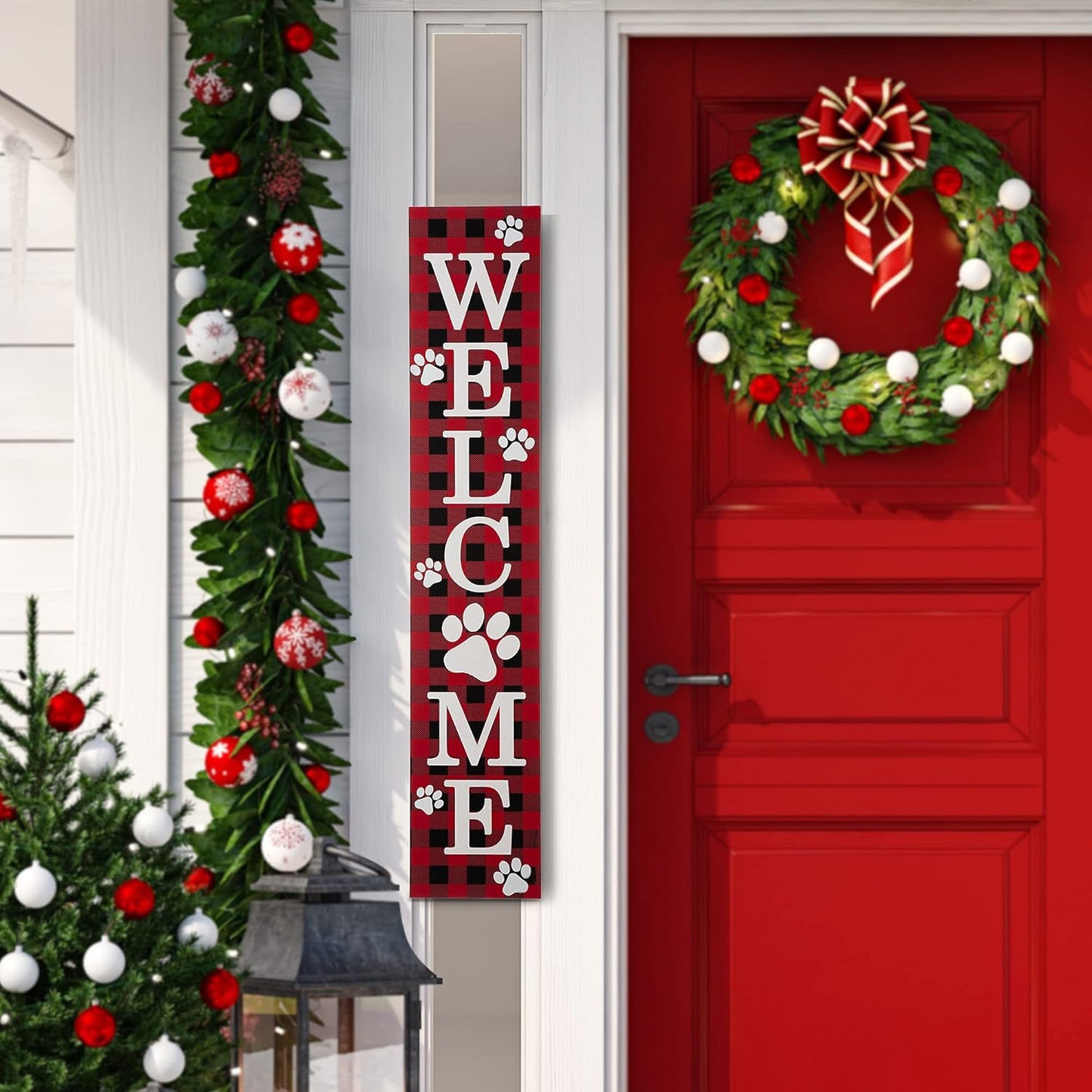Glitzhome Wooden Welcome Sign with Plaid Pet Paw for Porch, Rustic Farmhouse Style Hanging Vertical Welcome Sign, Red, 42'H, 8'L X 0.5'W