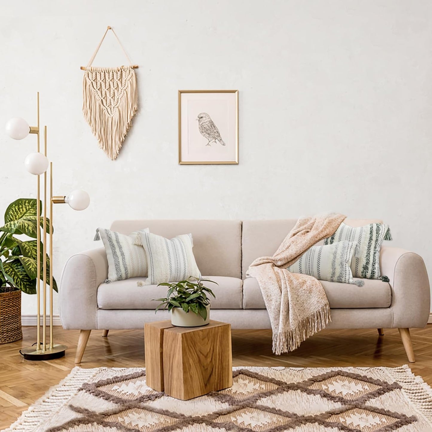 Decoruhome Decorative Boho Throw Pillow Cover 18X18, Accent Neutral Textured Tufted Pillow Cover Striped for Couch Bed Sofa, Khaki and Cream White, Pack of 1