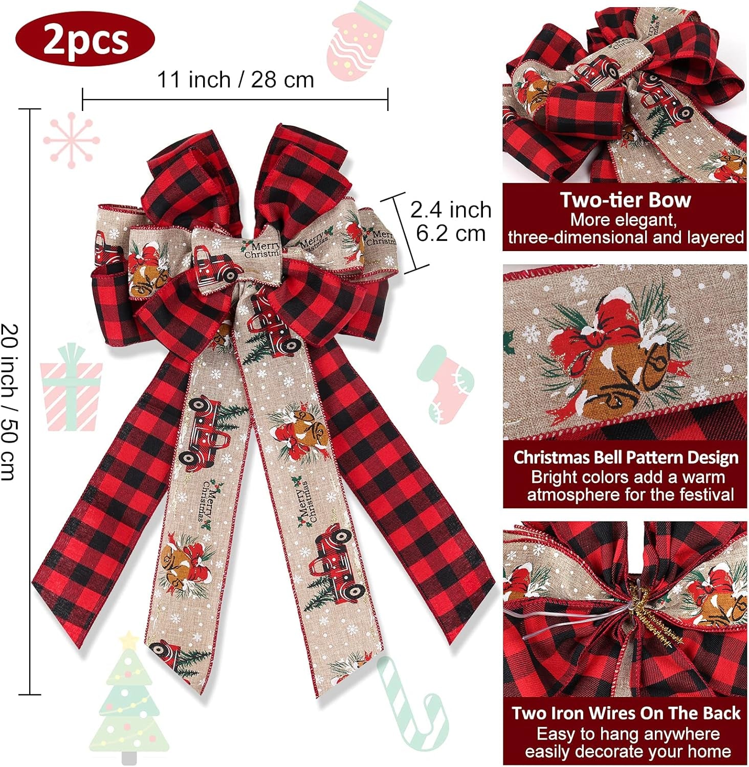 RECUTMS 2 Pieces Red Christmas Bows Tree Topper Burlap Bows with Xmas Bell Pattern Small Two-Tier Christmas Wreath Bow for Xmas Parties Front Door Home Indoor Outdoor Holiday Decorations