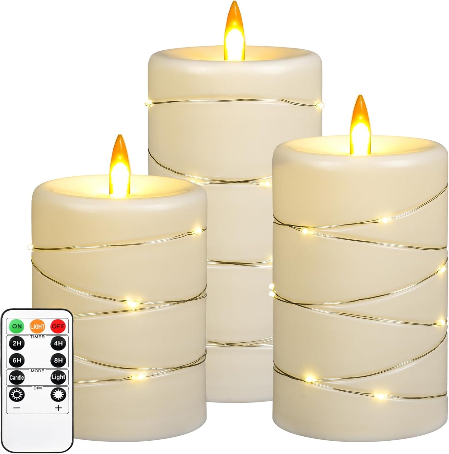 Da by Flameless Candles with String Lights，Battery Operated Candles,Led Flickering Candles with Remote Control and Timer, Real Wax, 3 Pack-Ivory