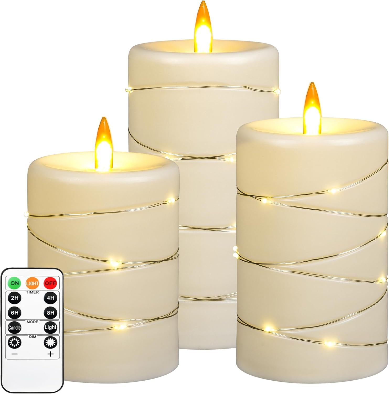 Da by Flameless Candles with String Lights，Battery Operated Candles,Led Flickering Candles with Remote Control and Timer, Real Wax, 3 Pack-Ivory