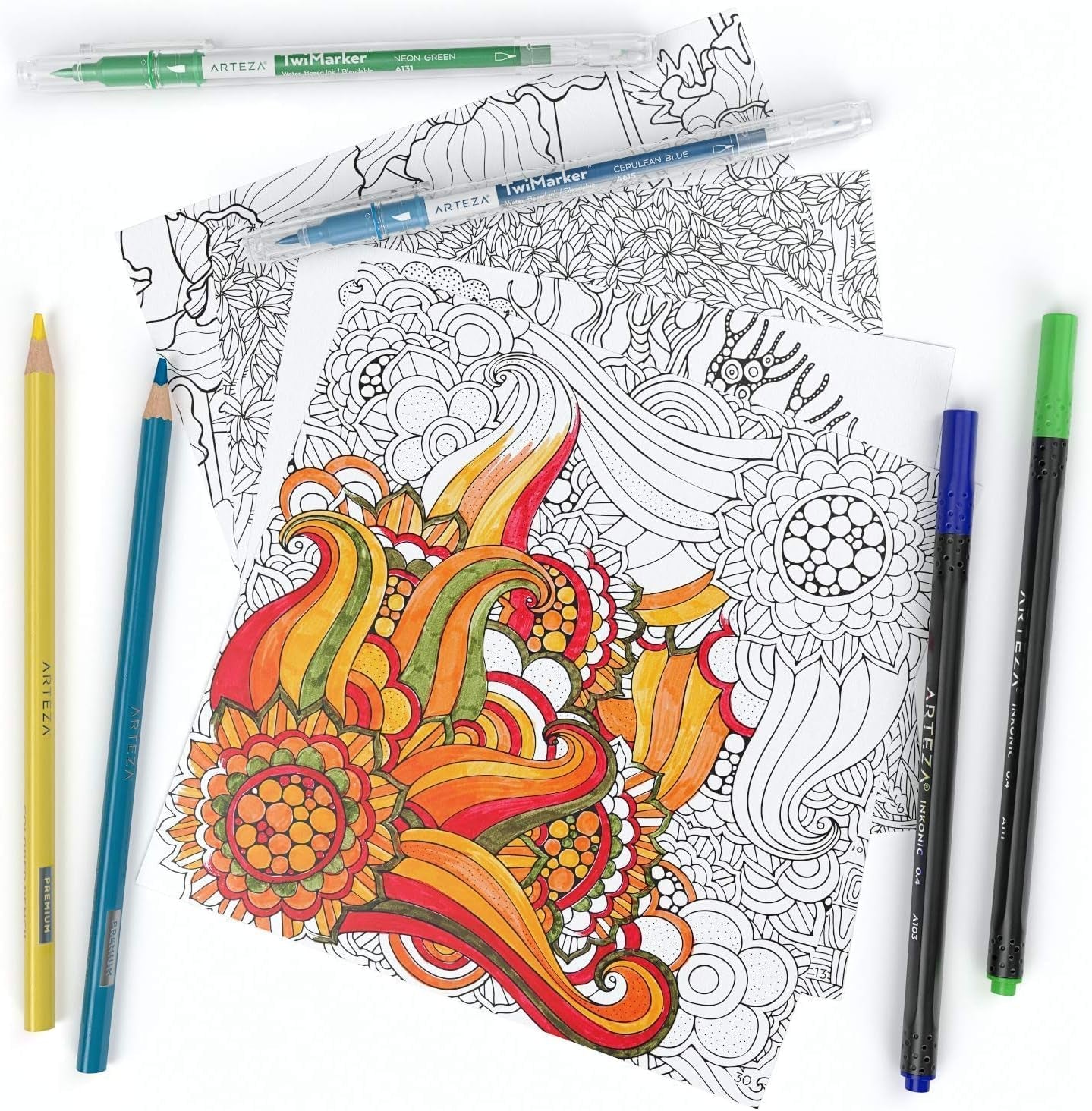 ARTEZA Adult Coloring Books, Floral & Mandala Designs, Pack of 2, 72 Sheets Each, 6.4X6.4 Inches Coloring Pages, 100 Lb Paper