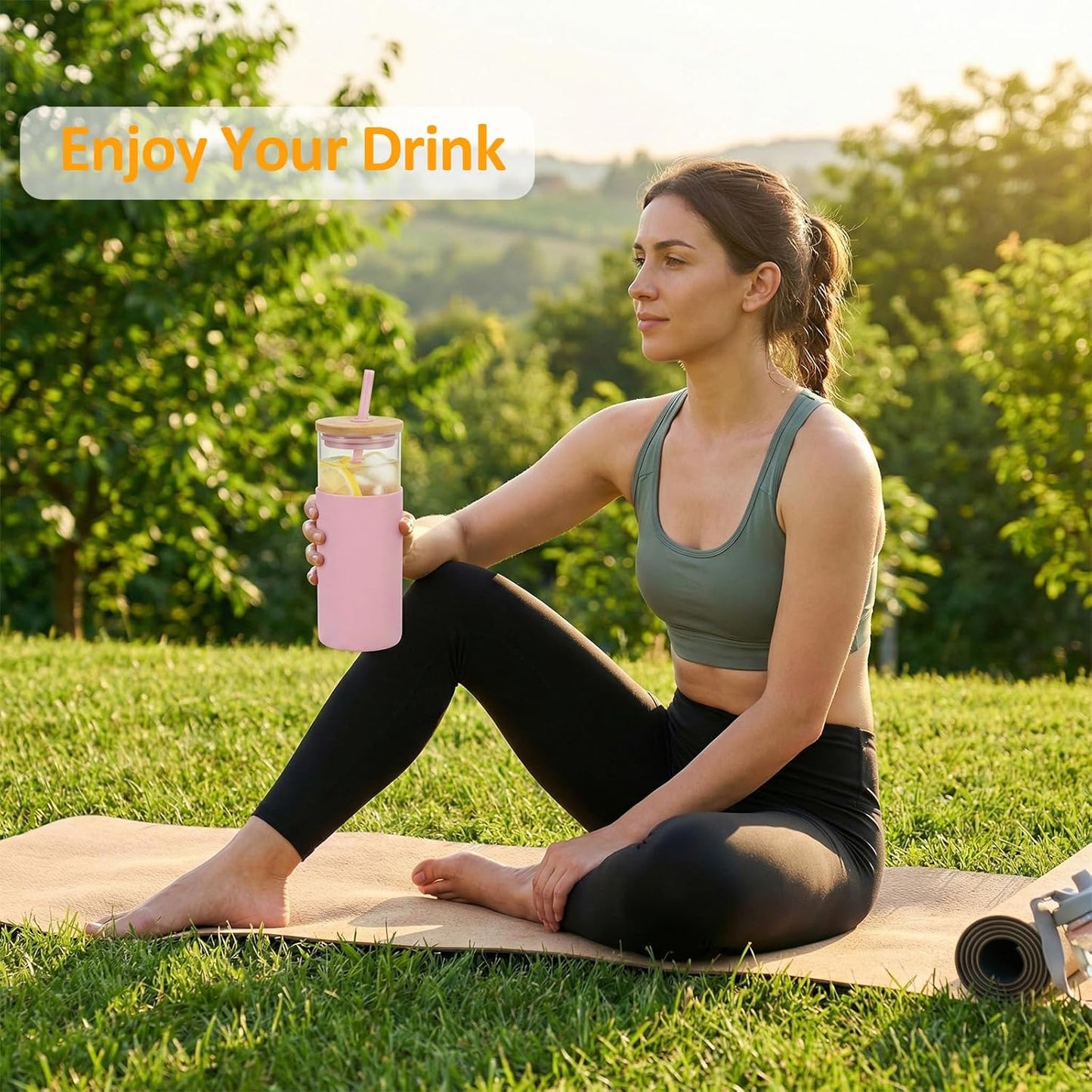 Tronco® 24 Oz Glass Tumbler with Lids and Straw, Reusable Iced Coffee Cup & Smoothie Cup with Bamboo Lid, Silicone Sleeve, Dishwasher Safe, Bpa-Free Borosilicate Glass, 2 Pack