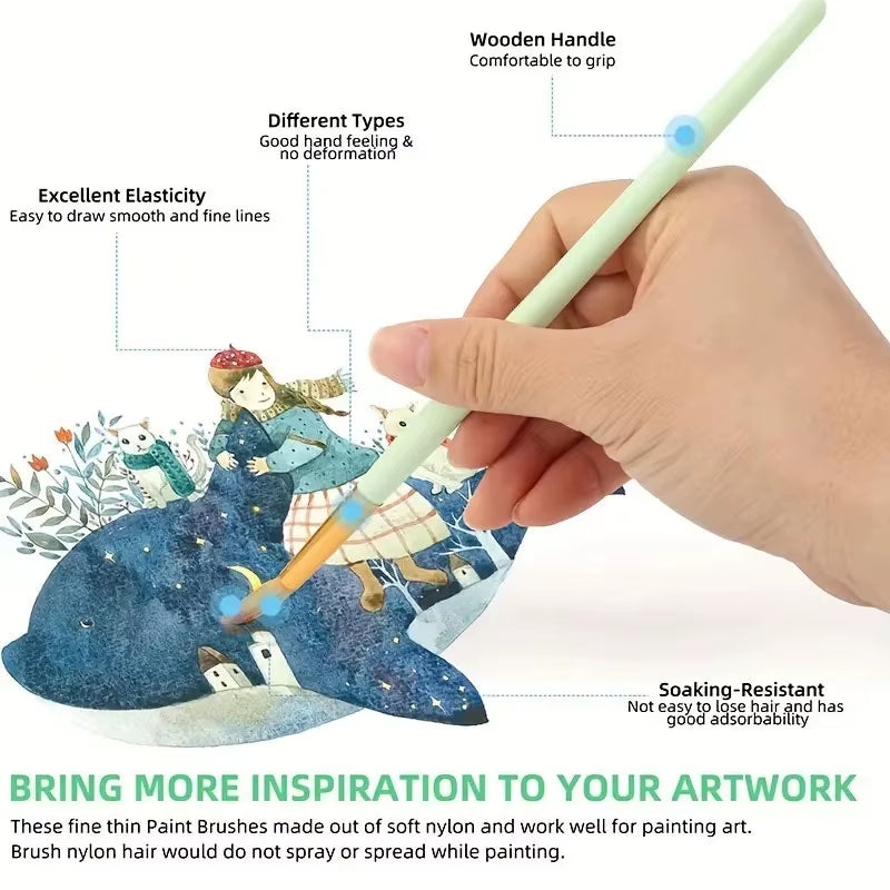 12Pcs Artist Brushesprofessional Round-Pointed Tip Paint Brushes for Acrylic Watercolor Oil Painting, Face Body Nail Art, Crafts