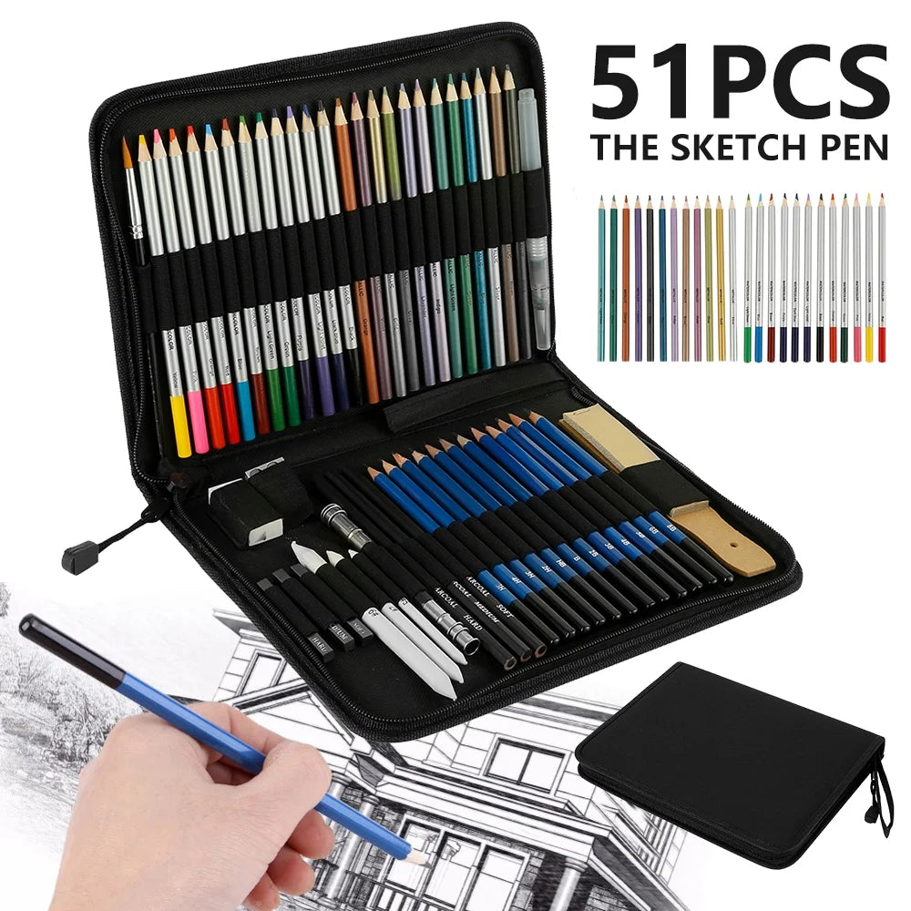 ODOMY 51 Pcs Drawing Set Sketching Kit, Pro Art Supplies Wood Pencil Sketching Pencils Art Sketch Painting Supplies for Artists Beginners Adults