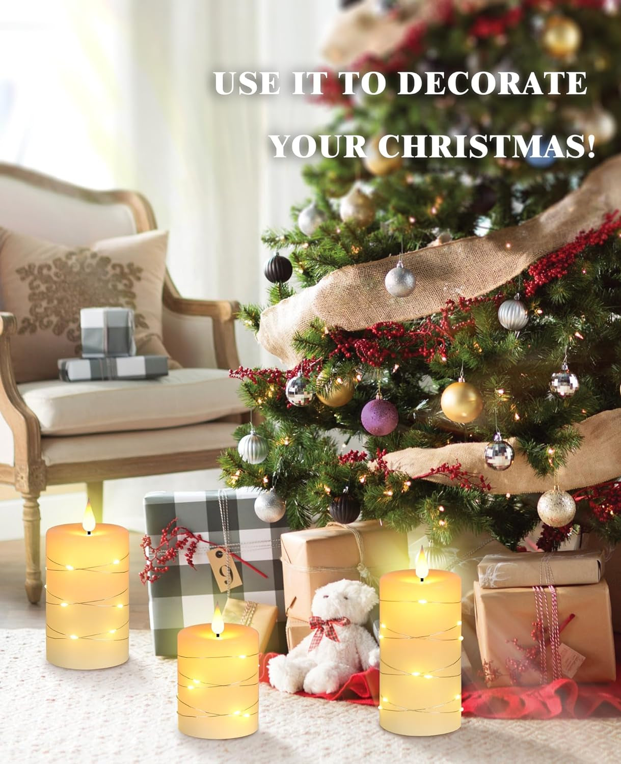 Da by Flameless Candles with String Lights，Battery Operated Candles,Led Flickering Candles with Remote Control and Timer, Real Wax, 3 Pack-Ivory