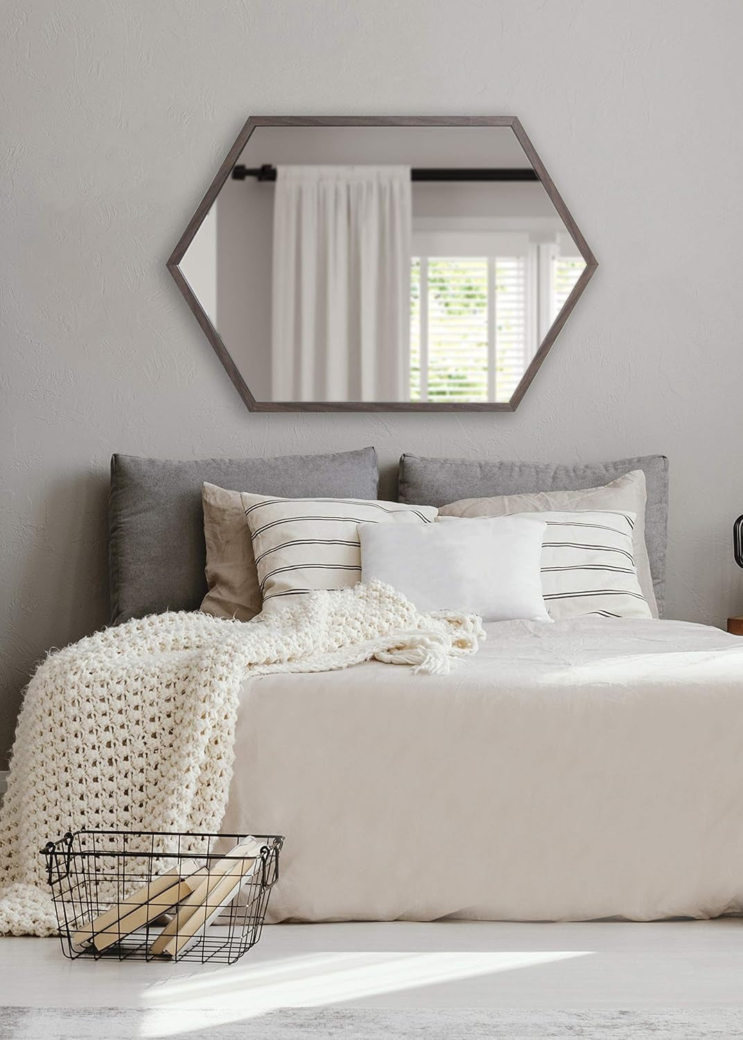 Kate and Laurel Laverty Modern Oblong Hexagon Mirror, 24 X 36, Walnut Brown, Geometric Wall Decor