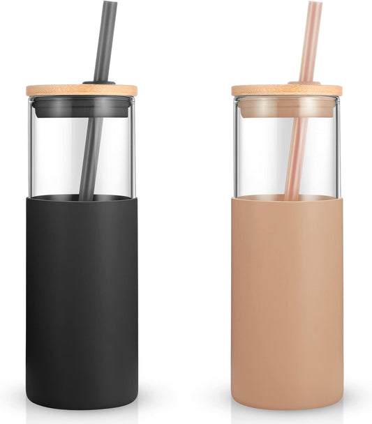 Tronco® 24 Oz Glass Tumbler with Lids and Straw, Reusable Iced Coffee Cup & Smoothie Cup with Bamboo Lid, Silicone Sleeve, Dishwasher Safe, Bpa-Free Borosilicate Glass, 2 Pack