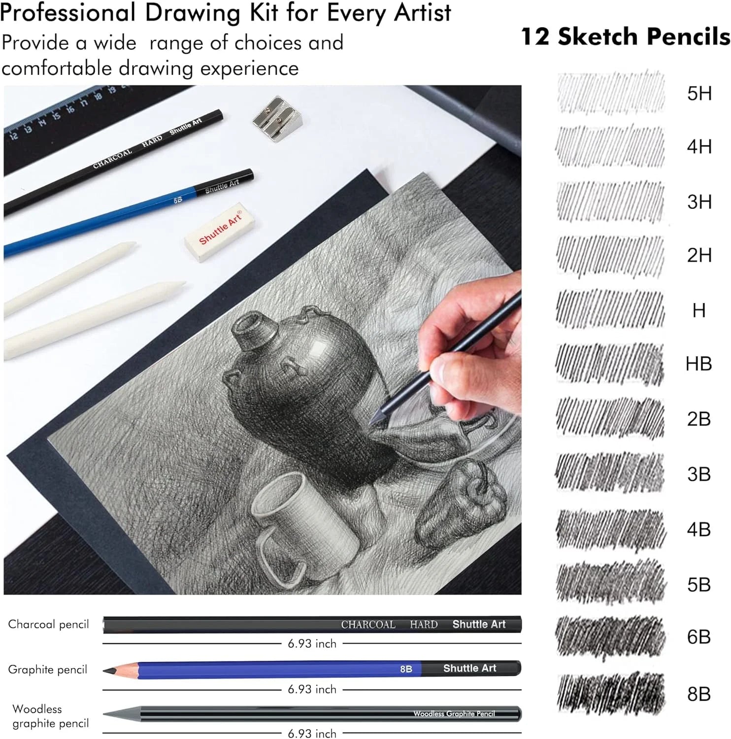 Sketching and Drawing Pencils Set, 37-Piece Professional Sketch Pencils Set in Zipper Carry Case, Drawing Kit Art Supplies with Graphite Charcoal Sticks Tool Sketch Book by