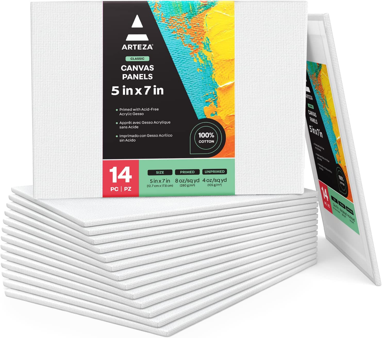 ARTEZA Premium Canvas Boards for Painting, 11 X 14 Inches, Pack of 14, Blank White Canvas Panels for Acrylic, Oil and Gouache Painting