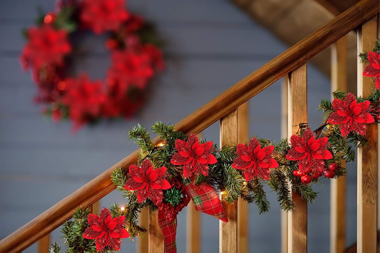 RECUTMS 10 Pcs Christmas Glitter Artificial Poinsettia Flowers 6 Inch Christmas Wreath Christmas Tree Flowers Ornaments Holiday Seasonal Decorations for Xmas New Year Wedding Party(Red)
