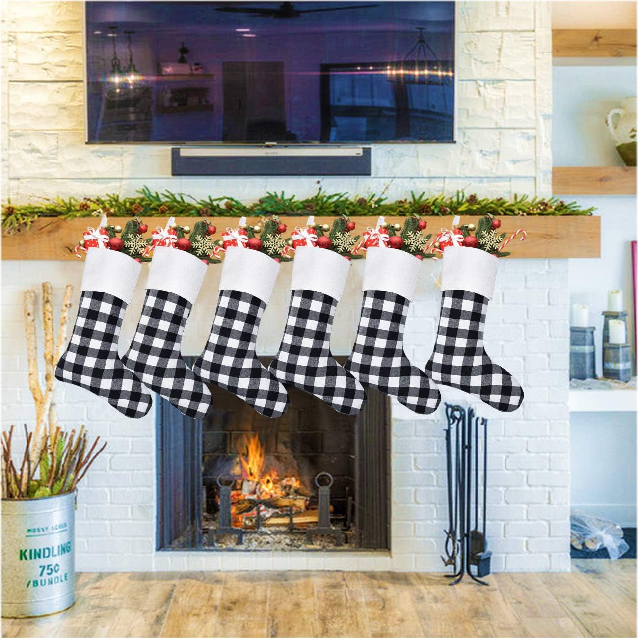 Senneny 6 Pack Christmas Stockings- 18 Inch Black White Buffalo Plaid Christmas Stockings Fireplace Hanging Stockings for Family Xmas Holiday Season Party Decor