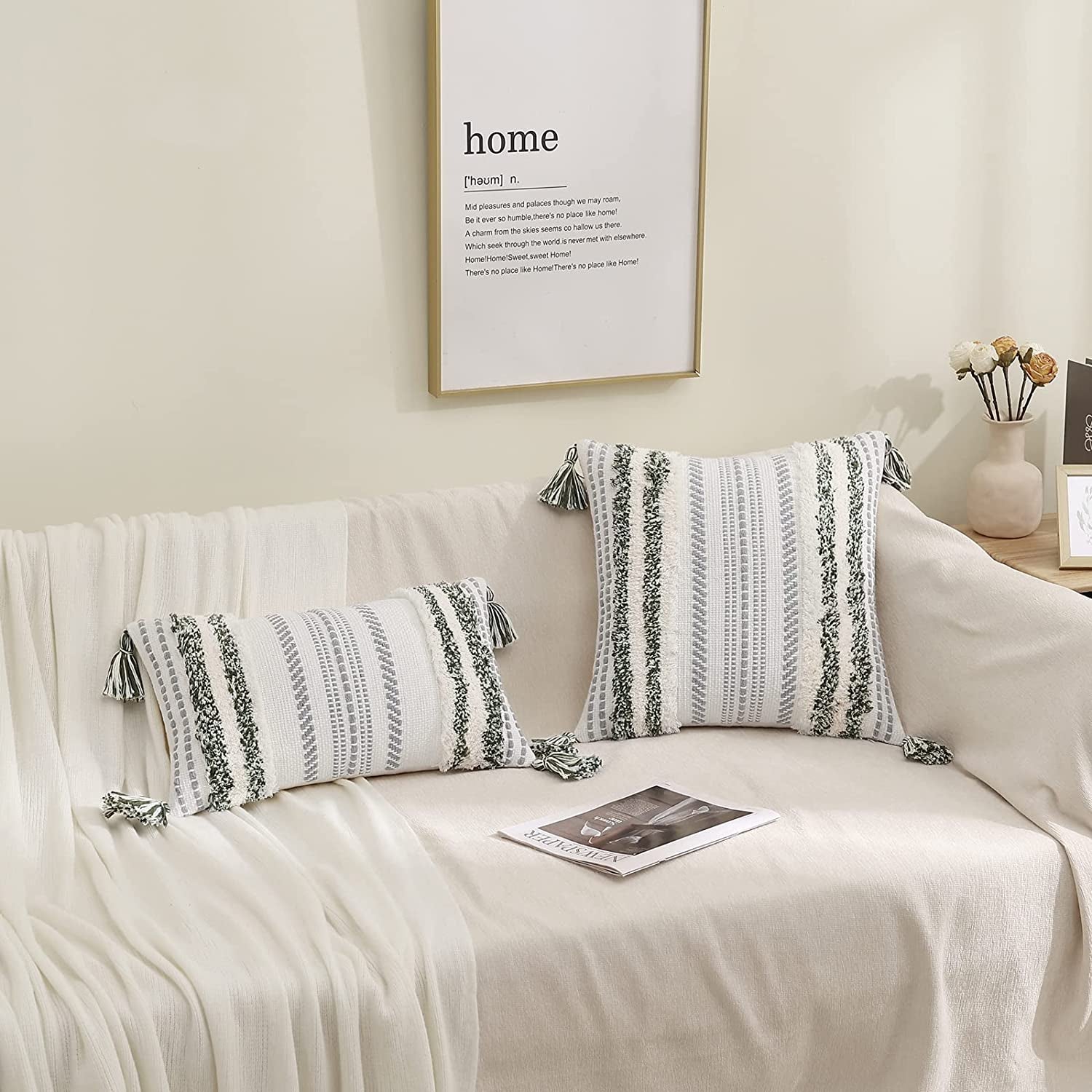 Decoruhome Decorative Boho Throw Pillow Cover 12X20, Lumbar Accent Neutral Textured Tufted Pillow Cover Striped for Couch Bed Sofa, Green and Cream White, Pack of 1