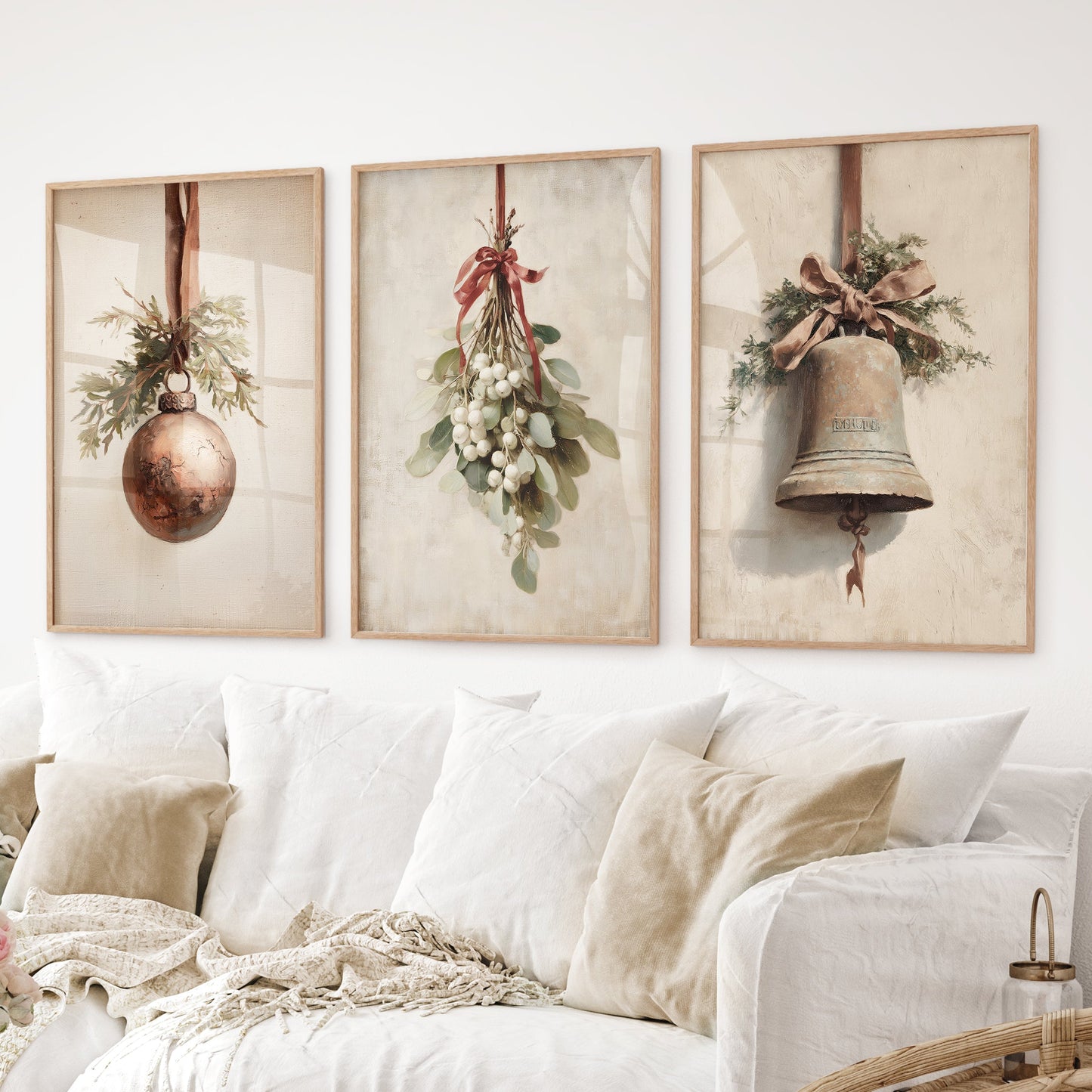 Rustic Holiday Set of 3 Prints: Vintage Christmas Bell Art