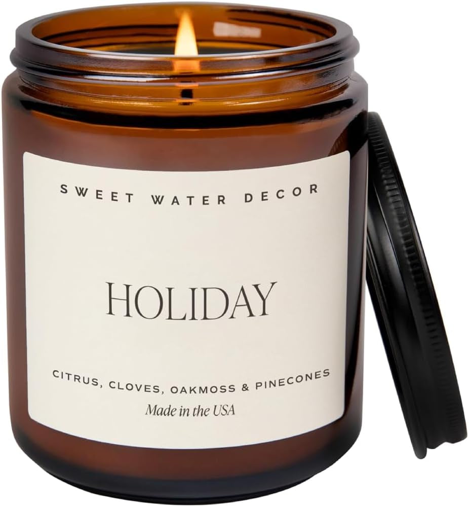 Sweet Water Decor Merry and Bright Candle - Bayberry, Fir, Nutmeg, and Clove Winter Non Toxic Christmas Scented Soy Candles for Home - 9Oz Amber Jar, 40 Hour Burn Time, Made in the USA