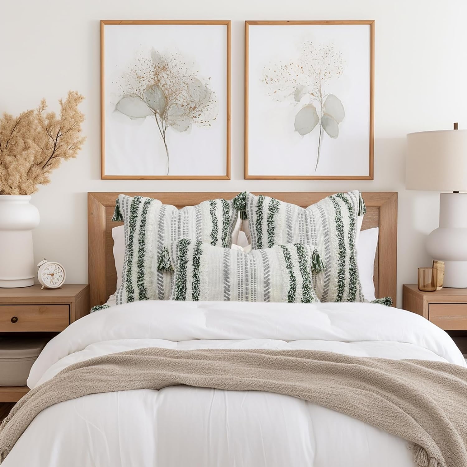 Decoruhome Decorative Boho Throw Pillow Cover 12X20, Lumbar Accent Neutral Textured Tufted Pillow Cover Striped for Couch Bed Sofa, Green and Cream White, Pack of 1