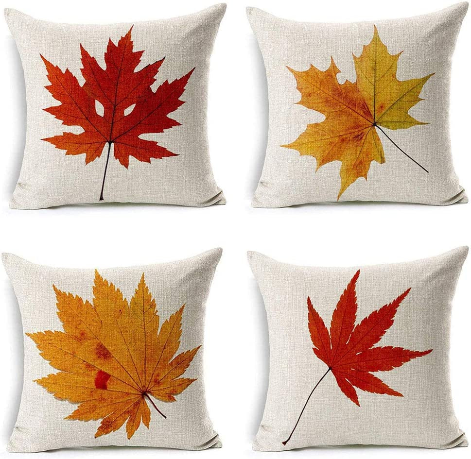 Fall Decor Cotton Linen Leaves,Maple Leaf Autumn Decorations Cushion Covers 18 X 18 Inch Sofa Home Decor Throw Pillow Case for Bed Pillow Covers Set of 4