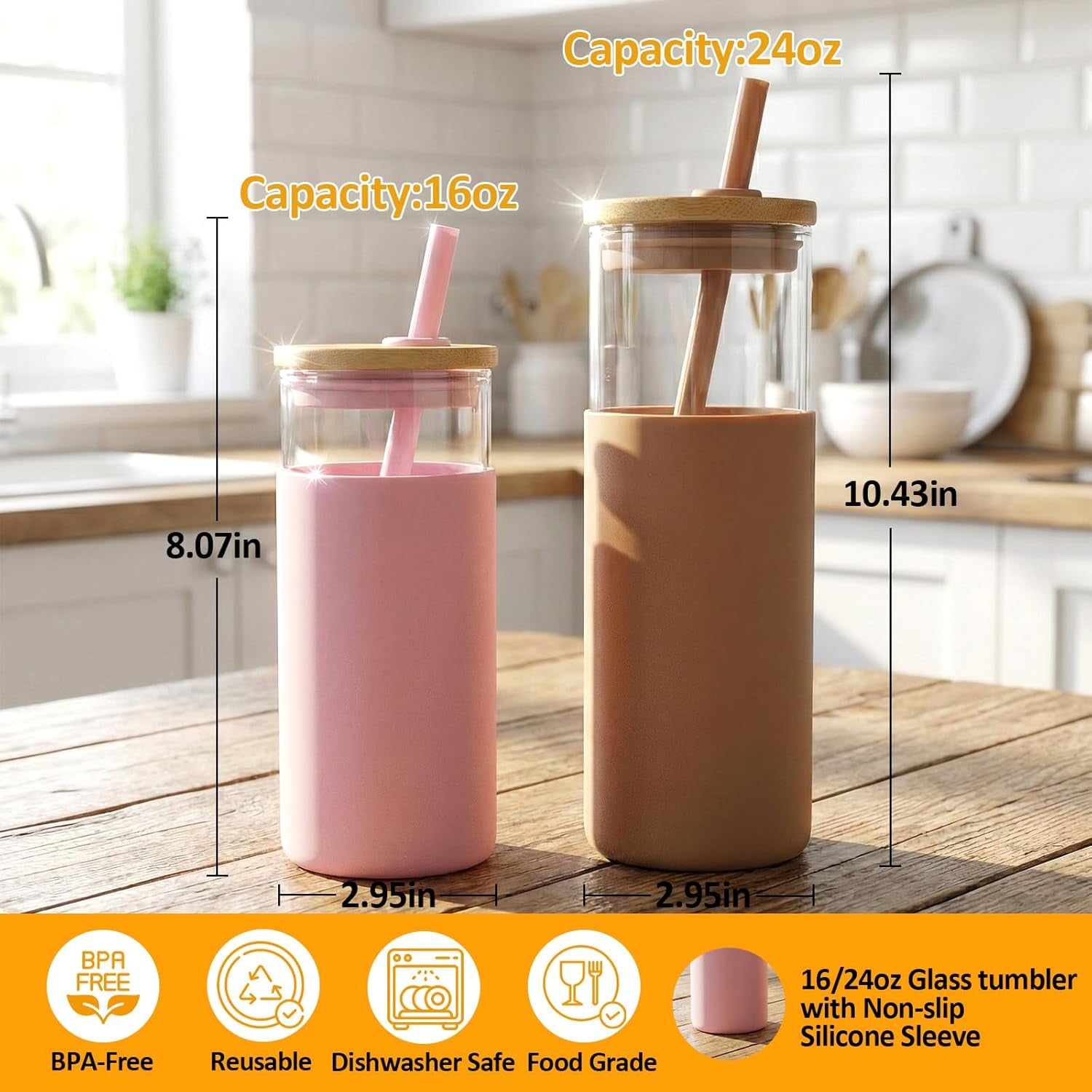 Tronco® 24 Oz Glass Tumbler with Lids and Straw, Reusable Iced Coffee Cup & Smoothie Cup with Bamboo Lid, Silicone Sleeve, Dishwasher Safe, Bpa-Free Borosilicate Glass, 2 Pack