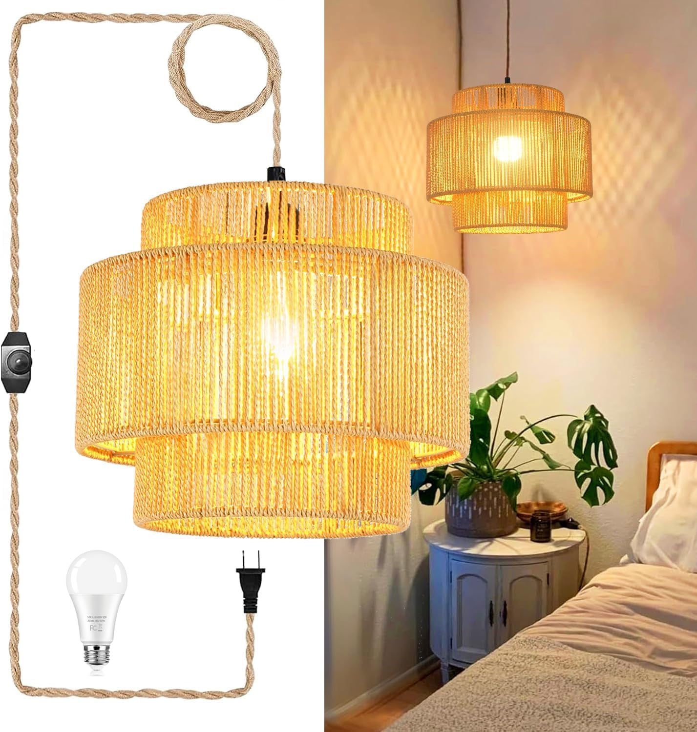 Plug in Pendant Light Hanging Lights with Plug in Cord Boho Hanging Lamp Dimmable,Rattan Wicker Woven Bamboo Lamp Shade, Plug in Ceiling Light Fixture for Living Room Bedroom Kitchen