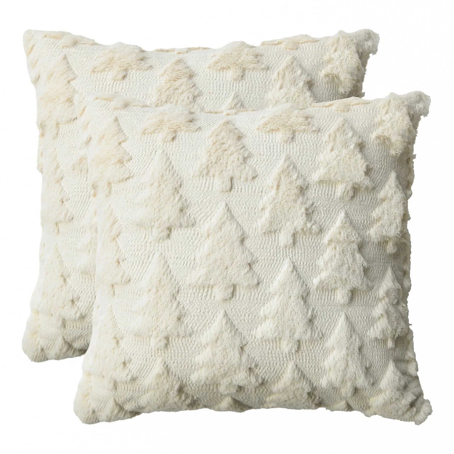 Beige Christmas Tree Soft Plush Faux Fur Pillow Covers 18X18 Inch Set of 2 Outdoor Sofa Holiday Festivals Winter Home Decor