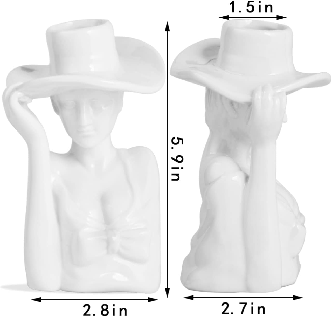 Art Female Form Body Ceramic Vase for Flowers, Creative Elegant Upper Body Woman Face Head Hand Arrangement Sculpture Vase with Cowgirl Top Hat Design for Home Decor, 6 Inch, Glossy White