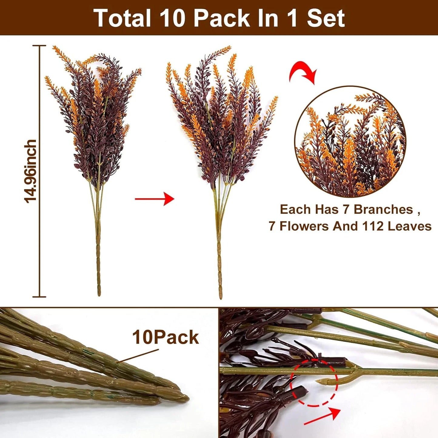 10 Bundles Artificial Fall Flowers Outdoor Fall Decor Artificial Lavender Flowers UV Resistant Fake Fall Plants Faux Fall Flowers Autumn Thanksgiving Decorations Home Indoor Garden(Brown)