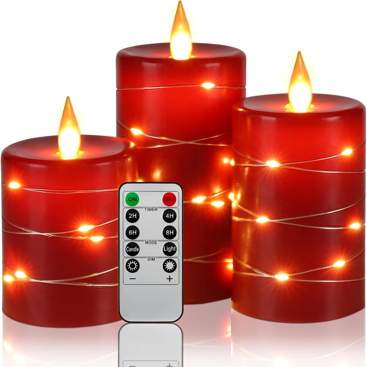 Da by Flameless Candles with String Lights，Battery Operated Candles,Led Flickering Candles with Remote Control and Timer, Real Wax, 3 Pack-Ivory