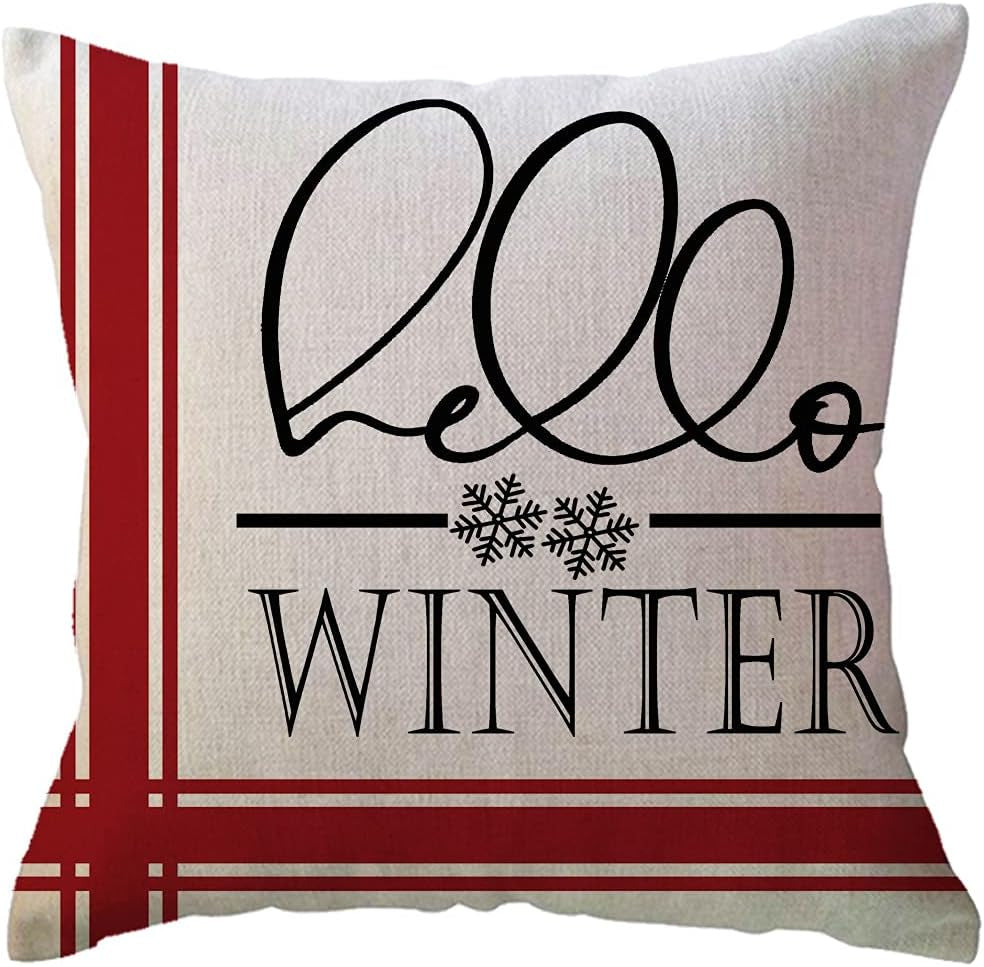 ULOVE LOVE YOURSELF Hello Winter Throw Pillow Covers 20X20 Inches with Snowflakes Farmhouse Winter Holiday Decorative Christmas Pillow Cover for Sofa/Couch/Porch