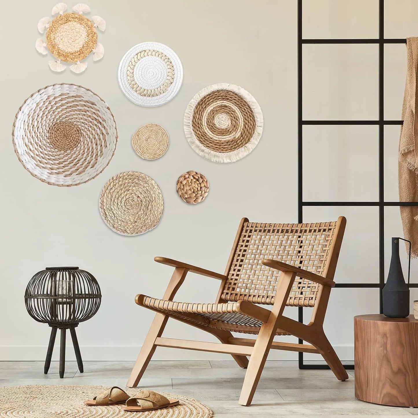 7 Pack Boho Wall Decor, Rattan Wicker Home Decor Boho Wall Art Set Handmade Hanging Rustic Flat Farmhouse Decor for Living Rooms Bedrooms Kitchen