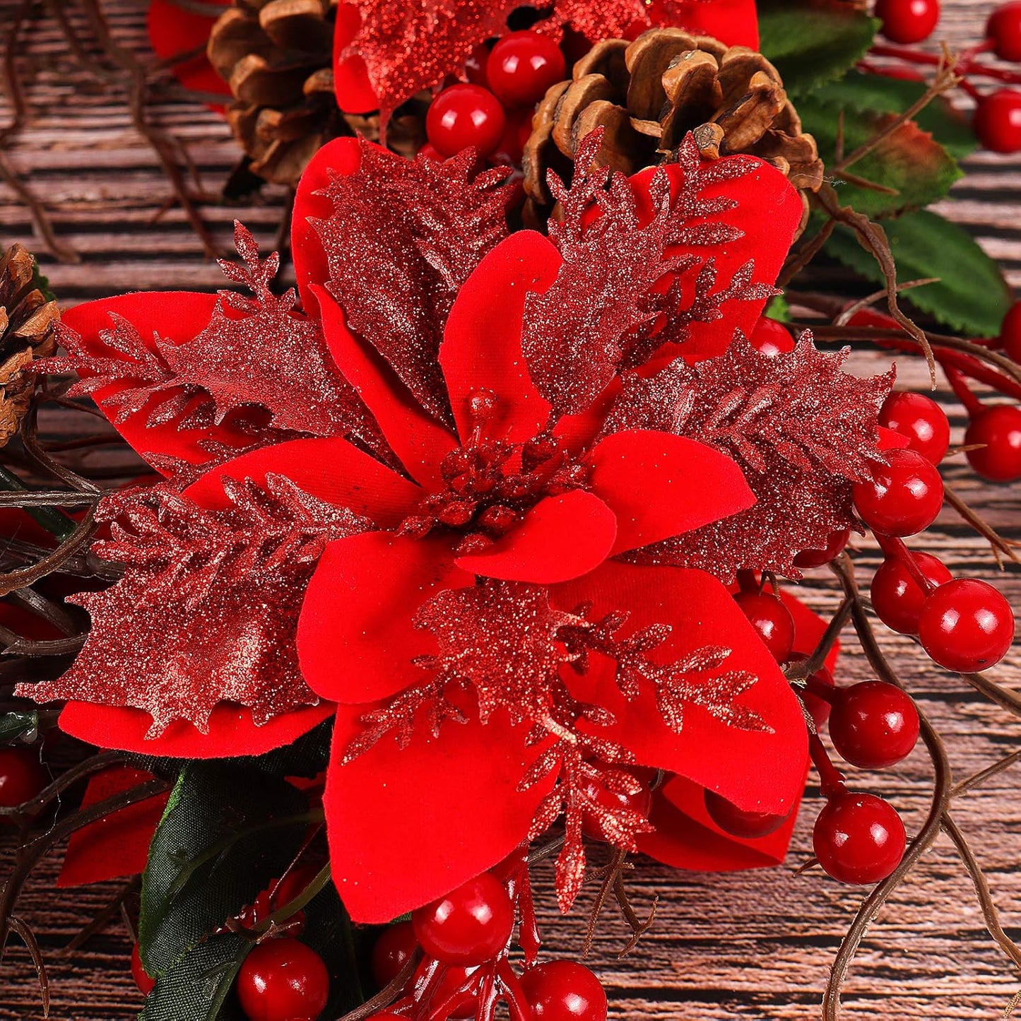 RECUTMS 10 Pcs Christmas Glitter Artificial Poinsettia Flowers 6 Inch Christmas Wreath Christmas Tree Flowers Ornaments Holiday Seasonal Decorations for Xmas New Year Wedding Party(Red)