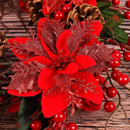 RECUTMS 10 Pcs Christmas Glitter Artificial Poinsettia Flowers 6 Inch Christmas Wreath Christmas Tree Flowers Ornaments Holiday Seasonal Decorations for Xmas New Year Wedding Party(Red)