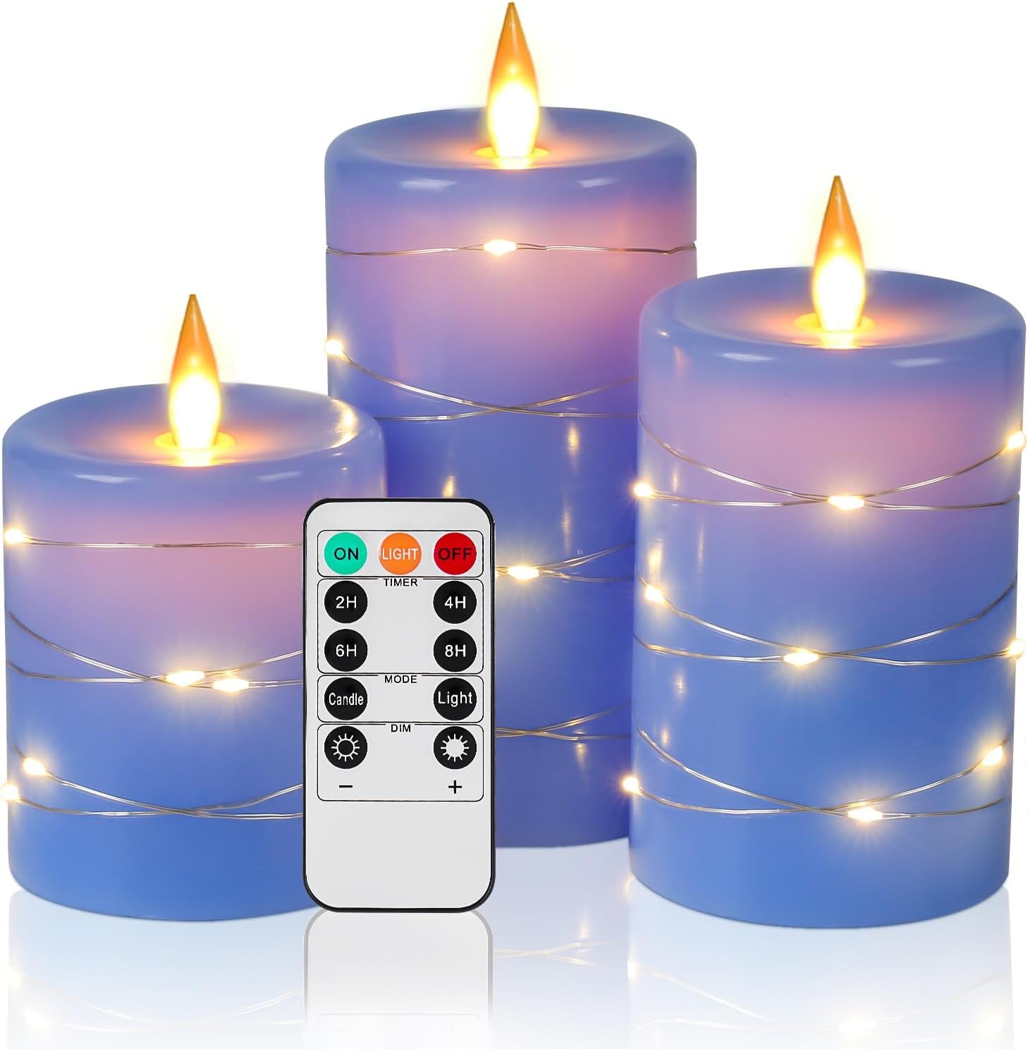 Da by Flameless Candles with String Lights，Battery Operated Candles,Led Flickering Candles with Remote Control and Timer, Real Wax, 3 Pack-Ivory