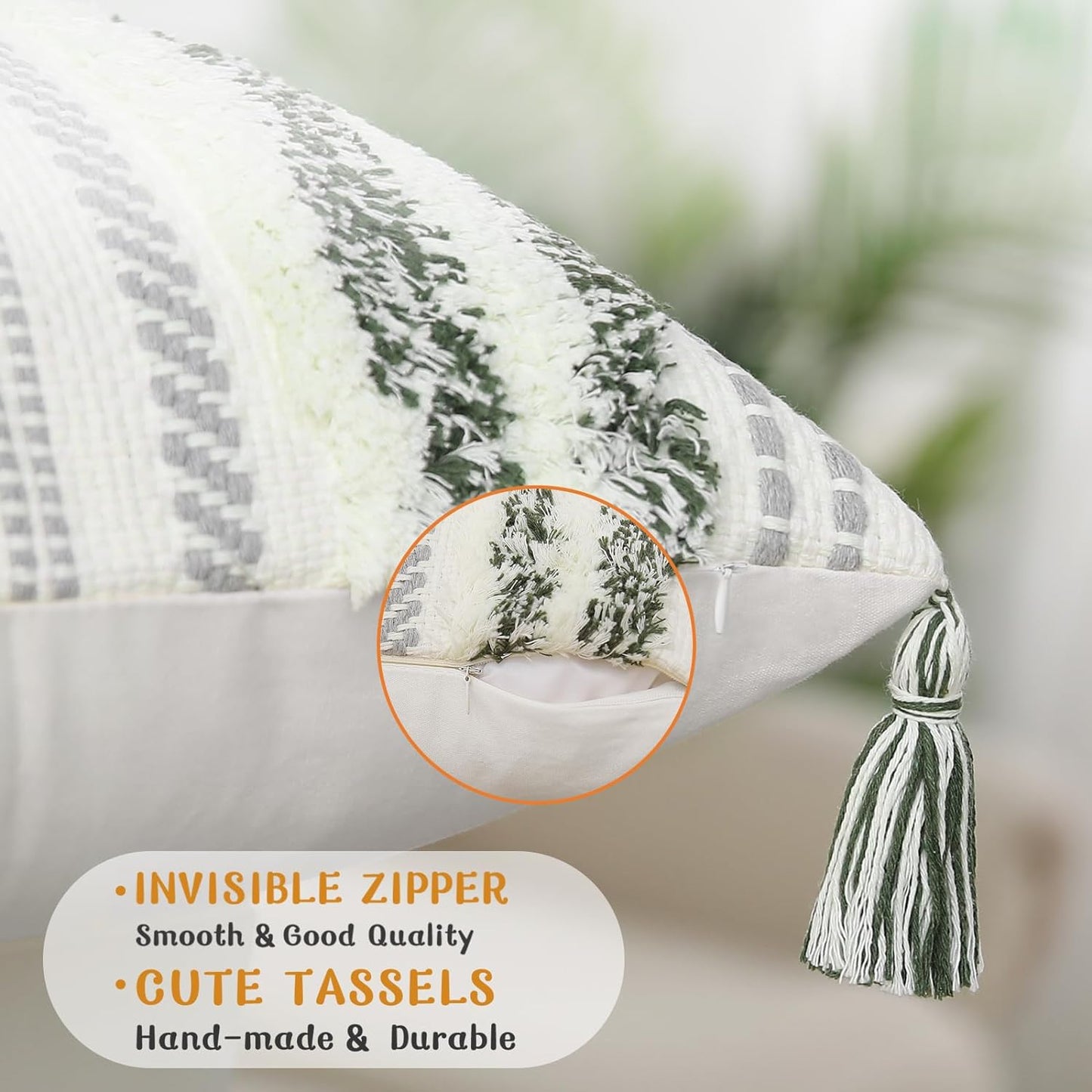 Decoruhome Decorative Boho Throw Pillow Cover 12X20, Lumbar Accent Neutral Textured Tufted Pillow Cover Striped for Couch Bed Sofa, Green and Cream White, Pack of 1