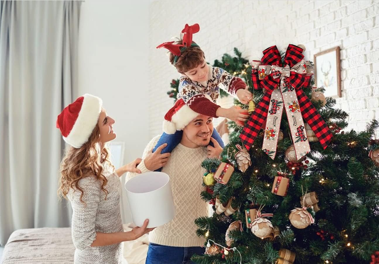 RECUTMS 2 Pieces Red Christmas Bows Tree Topper Burlap Bows with Xmas Bell Pattern Small Two-Tier Christmas Wreath Bow for Xmas Parties Front Door Home Indoor Outdoor Holiday Decorations