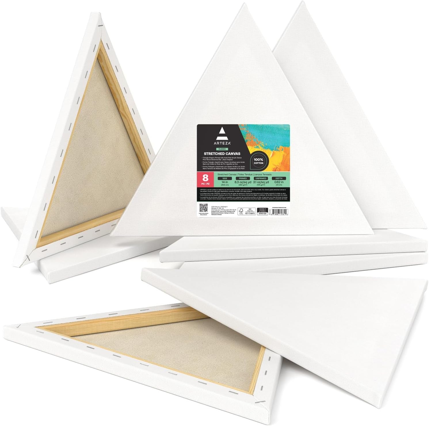 ARTEZA Triangle Stretched Canvas 14 Inch Side Pack of 8 – Blank White Cotton Canvases for Acrylic, Oil, Gouache Painting – Pre-Primed on Wood Frame