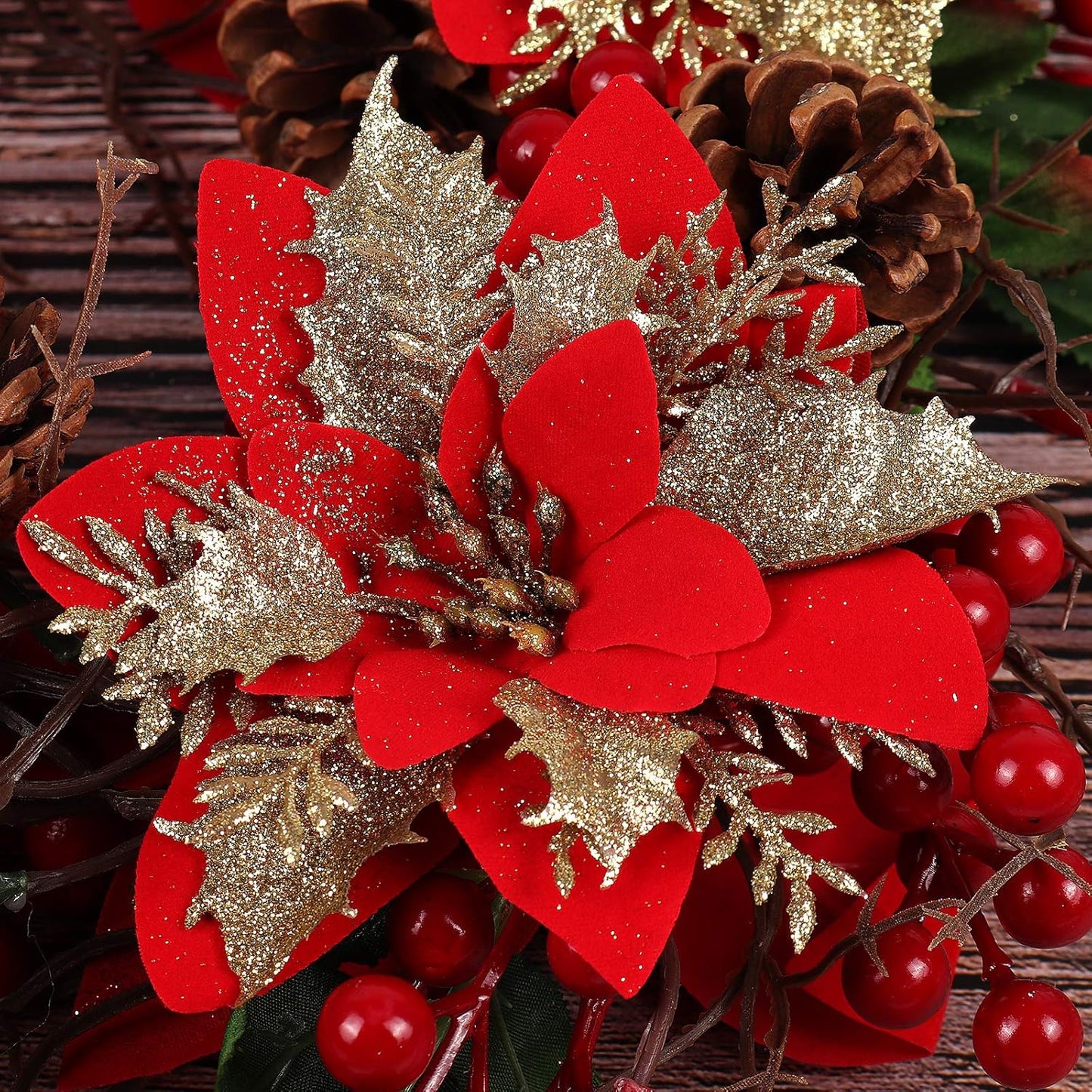 RECUTMS 10 Pcs Christmas Glitter Artificial Poinsettia Flowers 6 Inch Christmas Wreath Christmas Tree Flowers Ornaments Holiday Seasonal Decorations for Xmas New Year Wedding Party(Red)