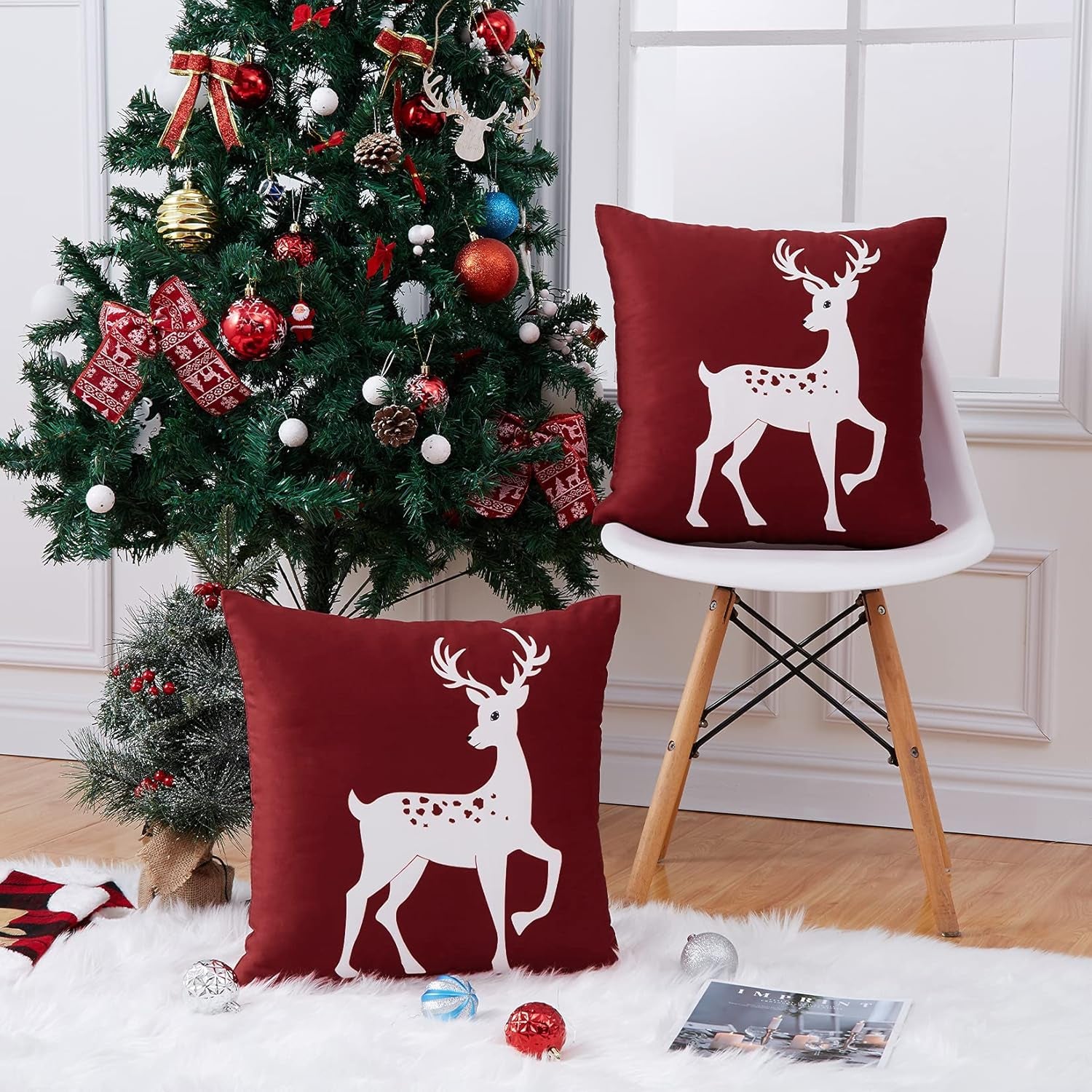 CAROMIO Christmas Decorations Pillow Covers 18 X18 Inch Set of 2 Farmhouse Christmas Decor for Bedroom, Deer Rustic Xmas Pillow Case Winter Holiday Decorations Throw Cushion Case for Home Couch, Pink