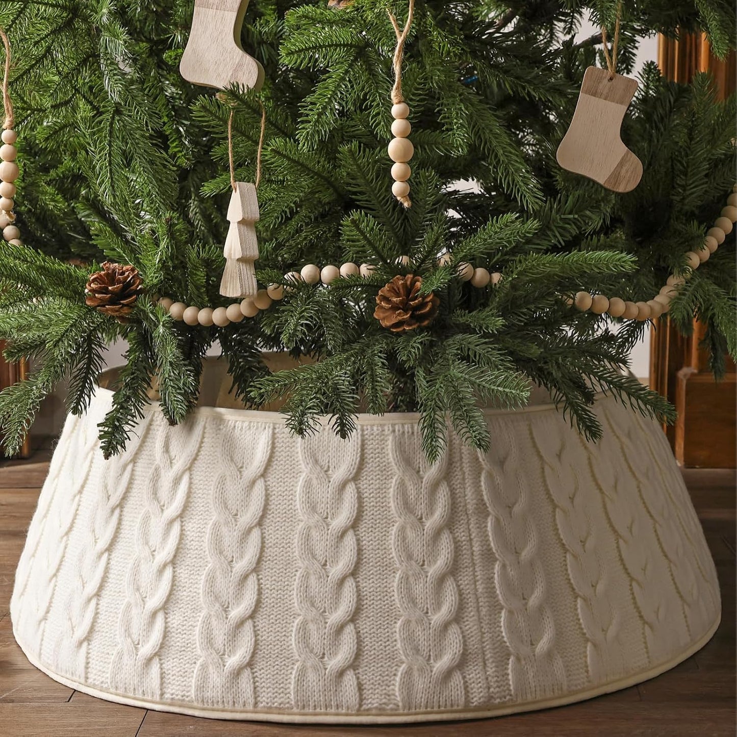 Cream White Knitted Christmas Tree Collar - Rustic Boho Base Cover Decor