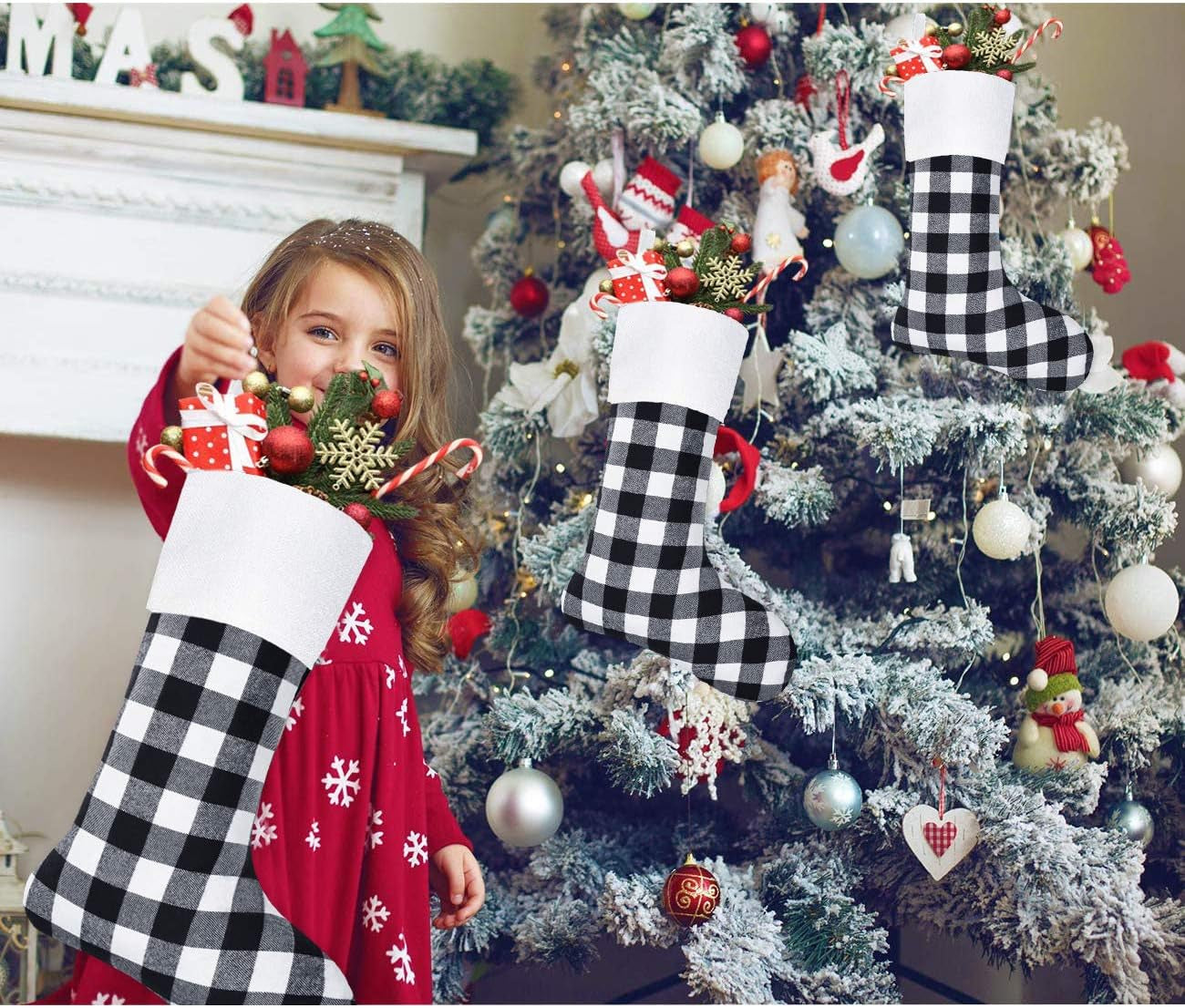 Senneny 6 Pack Christmas Stockings- 18 Inch Black White Buffalo Plaid Christmas Stockings Fireplace Hanging Stockings for Family Xmas Holiday Season Party Decor