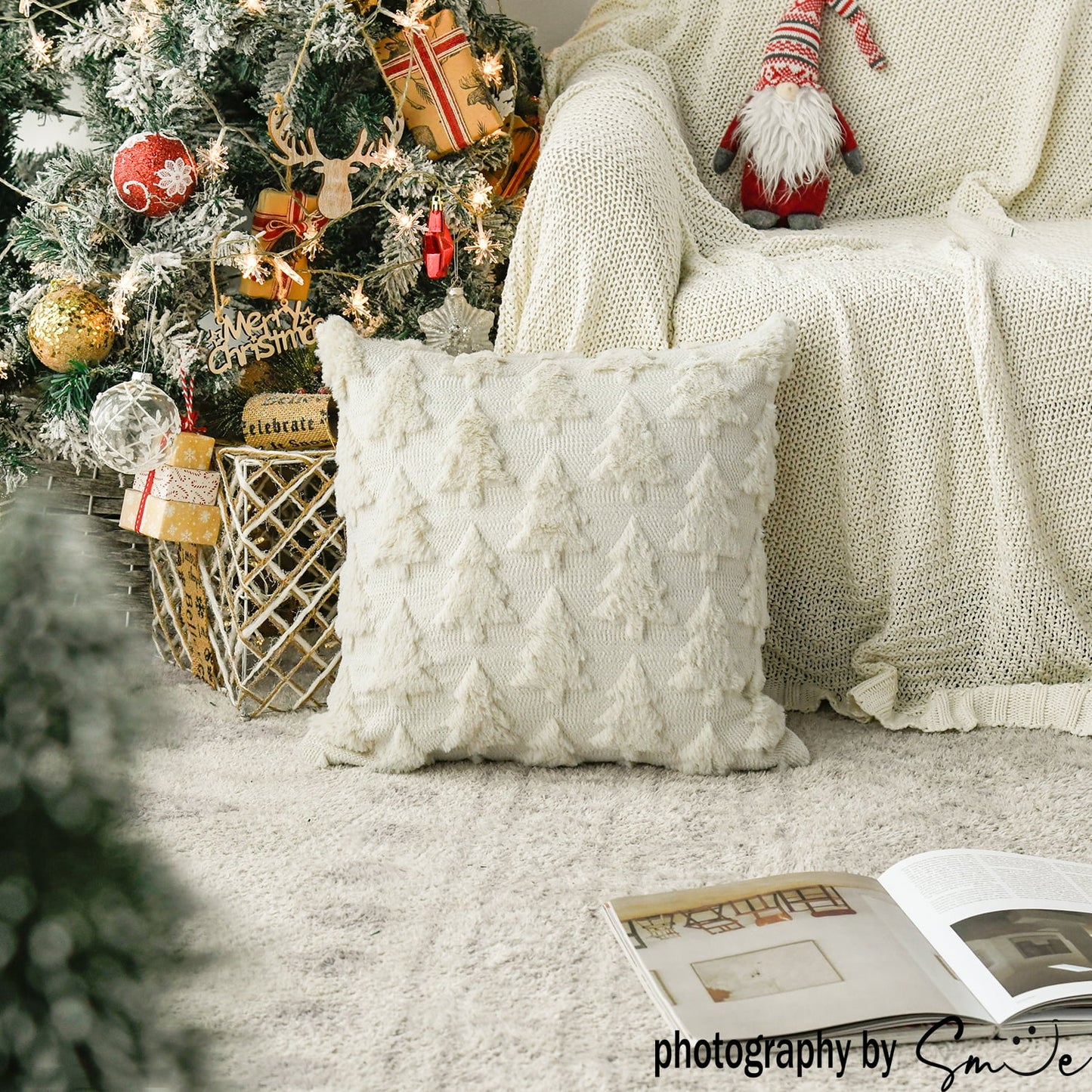 Beige Christmas Tree Soft Plush Faux Fur Pillow Covers 18X18 Inch Set of 2 Outdoor Sofa Holiday Festivals Winter Home Decor